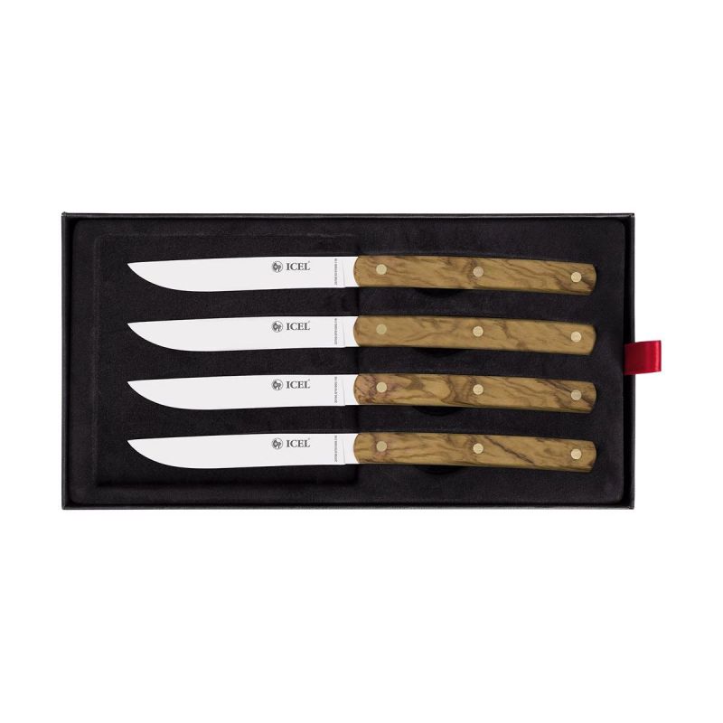 ICEL - Set coltelli da bistecca 4 pz, con manico in ulivo